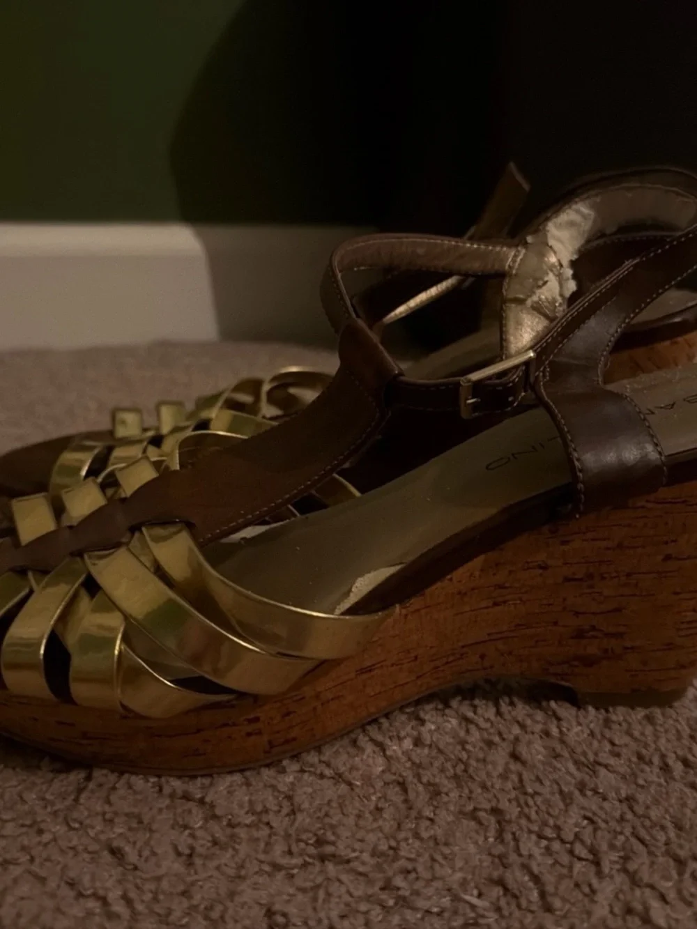Bandolino Brown and Gold Wedge Sandals